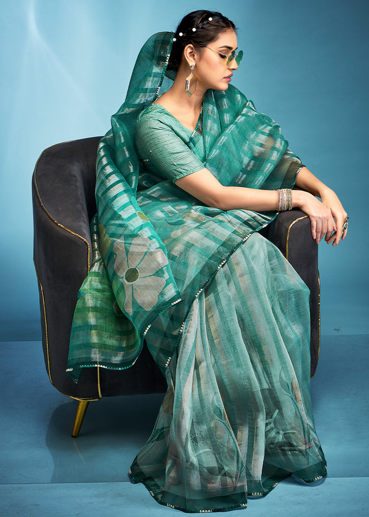 Shades Of Green Floral Printed Tissue Silk Saree