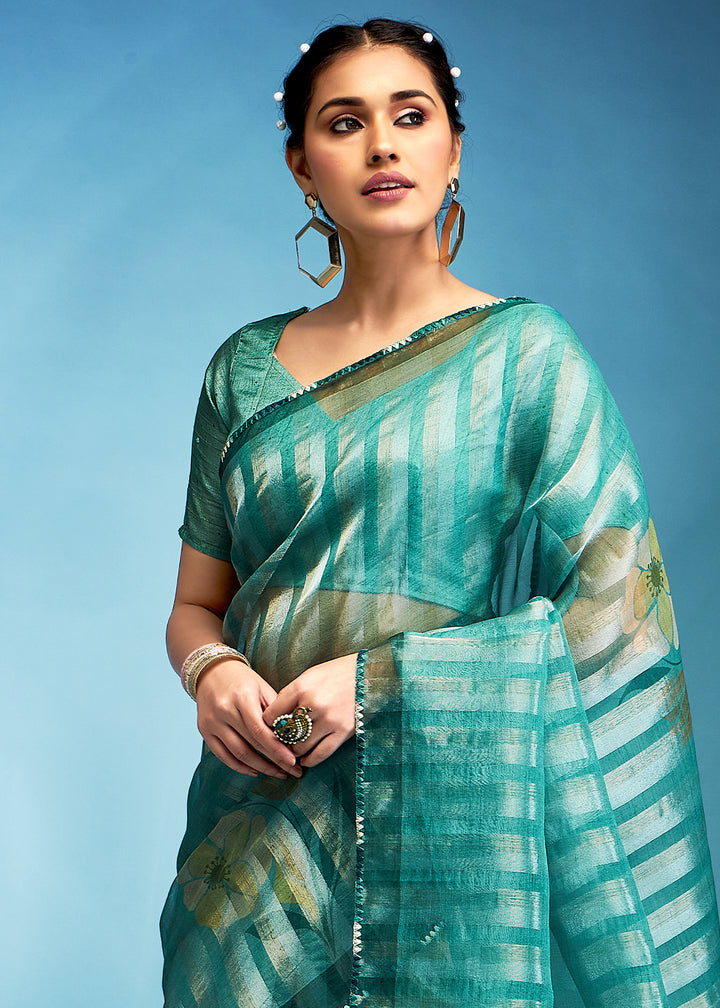 Shades Of Green Floral Printed Tissue Silk Saree