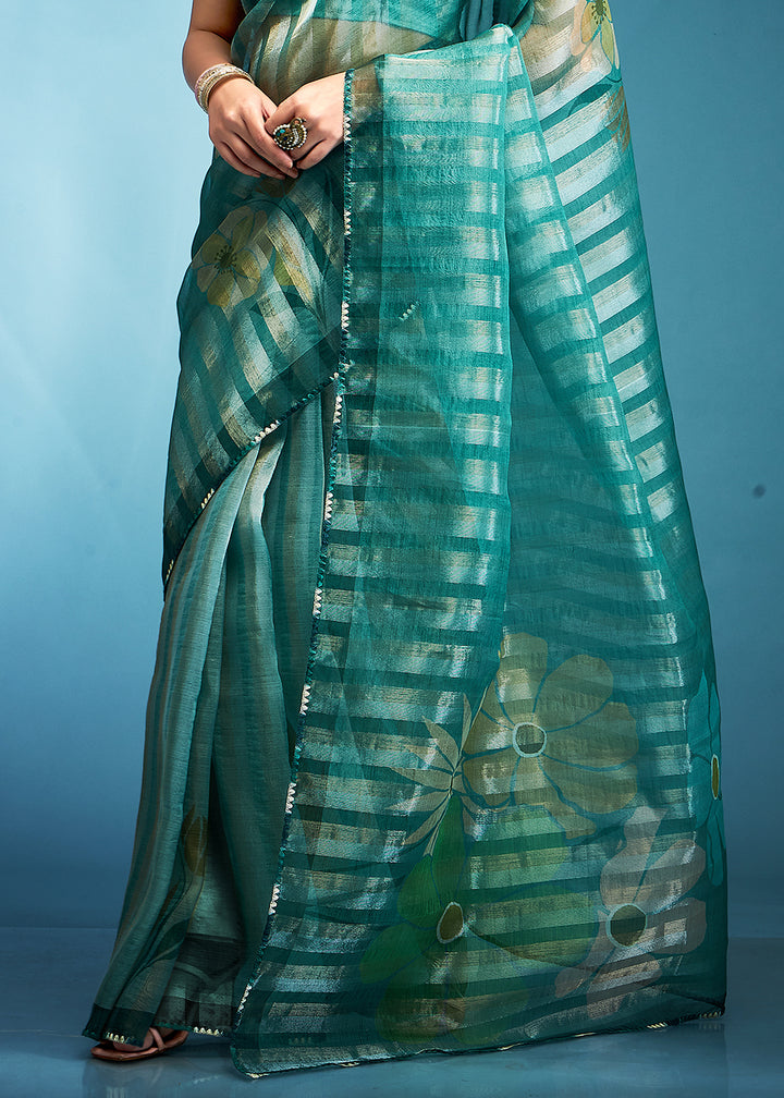 Shades Of Green Floral Printed Tissue Silk Saree