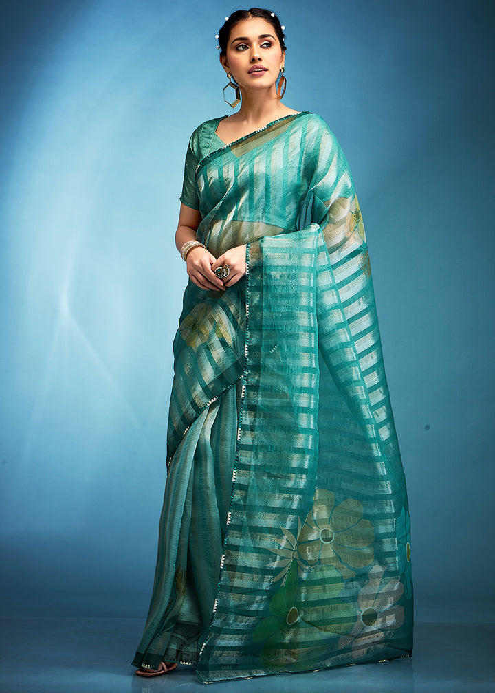 Shades Of Green Floral Printed Tissue Silk Saree