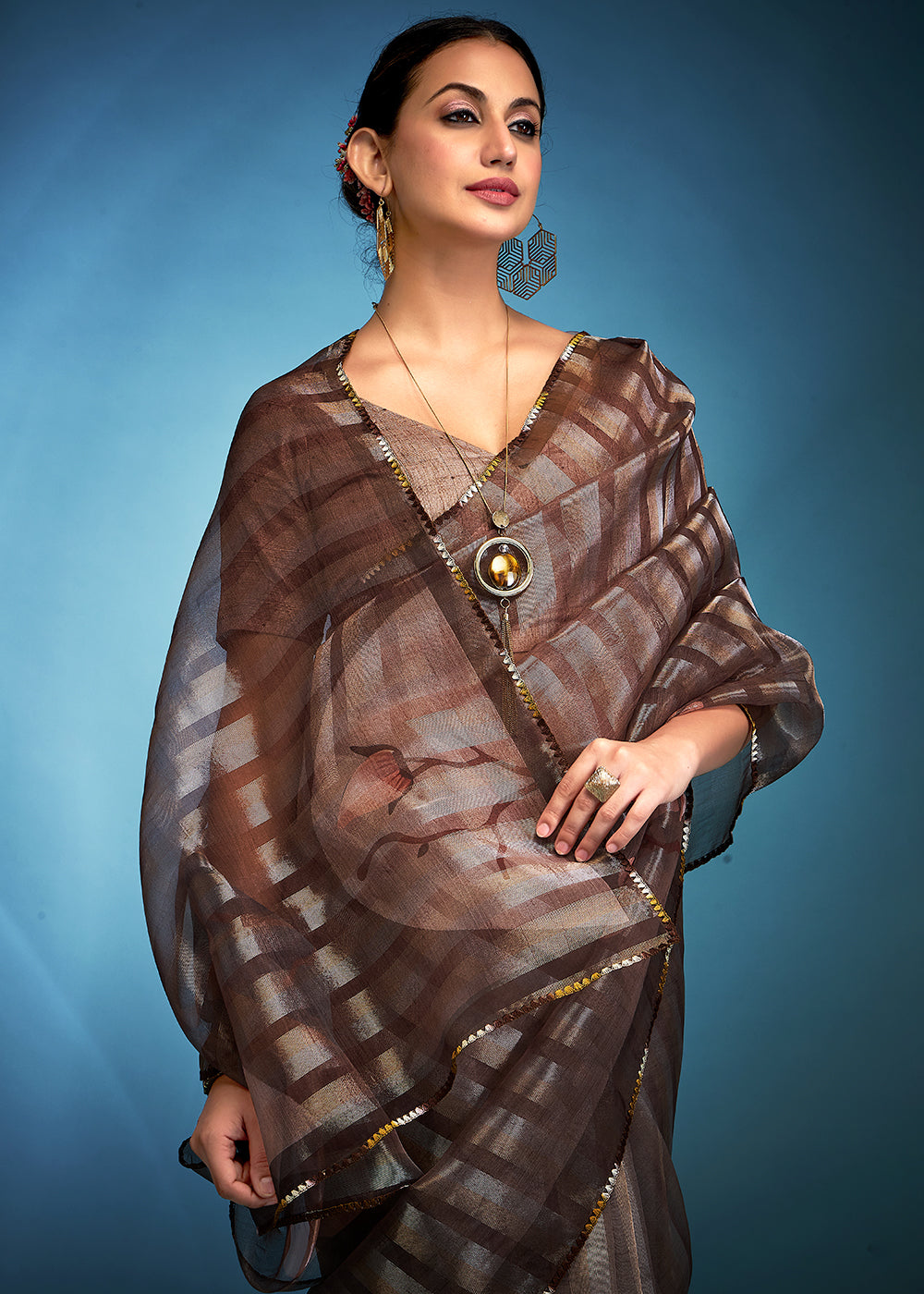 Shades Of Brown Floral Printed Tissue Silk Saree