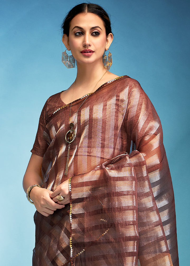 Shades Of Brown Floral Printed Tissue Silk Saree