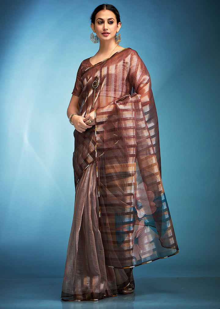 Shades Of Brown Floral Printed Tissue Silk Saree