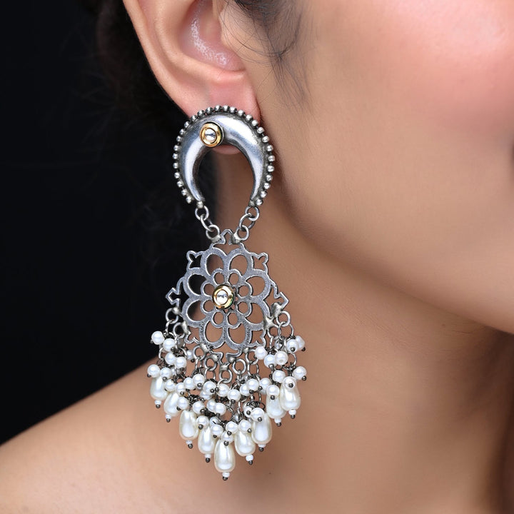 Bhagwati Silver Oxidized Earrings With Pearl Hangings