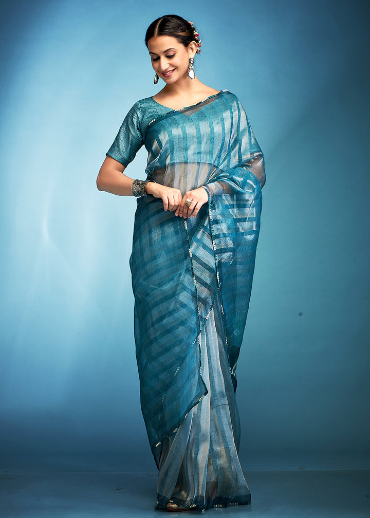 Uranian Blue Floral Printed Tissue Silk Saree