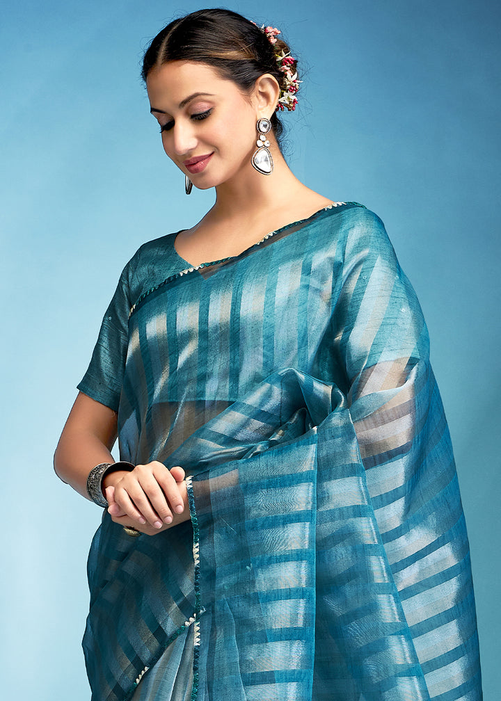 Uranian Blue Floral Printed Tissue Silk Saree