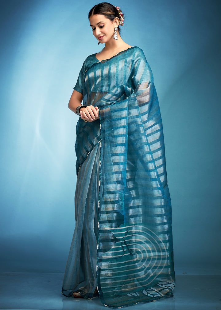 Uranian Blue Floral Printed Tissue Silk Saree