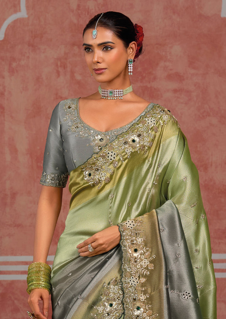 Tones of Green &amp; Grey Banarasi Silk Saree with Pearl, Stone &amp; Zari Artistry