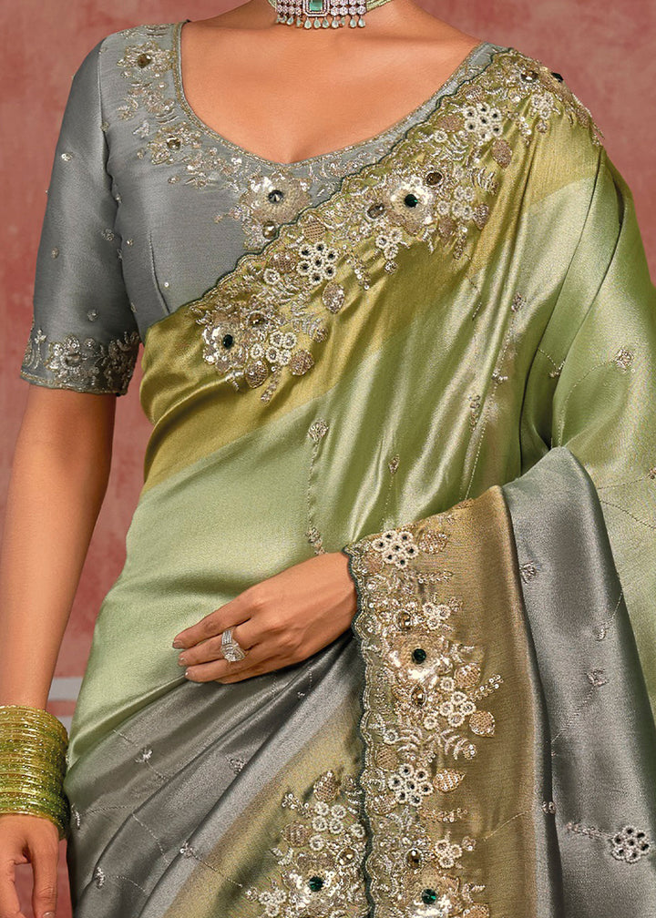 Tones of Green &amp; Grey Banarasi Silk Saree with Pearl, Stone &amp; Zari Artistry