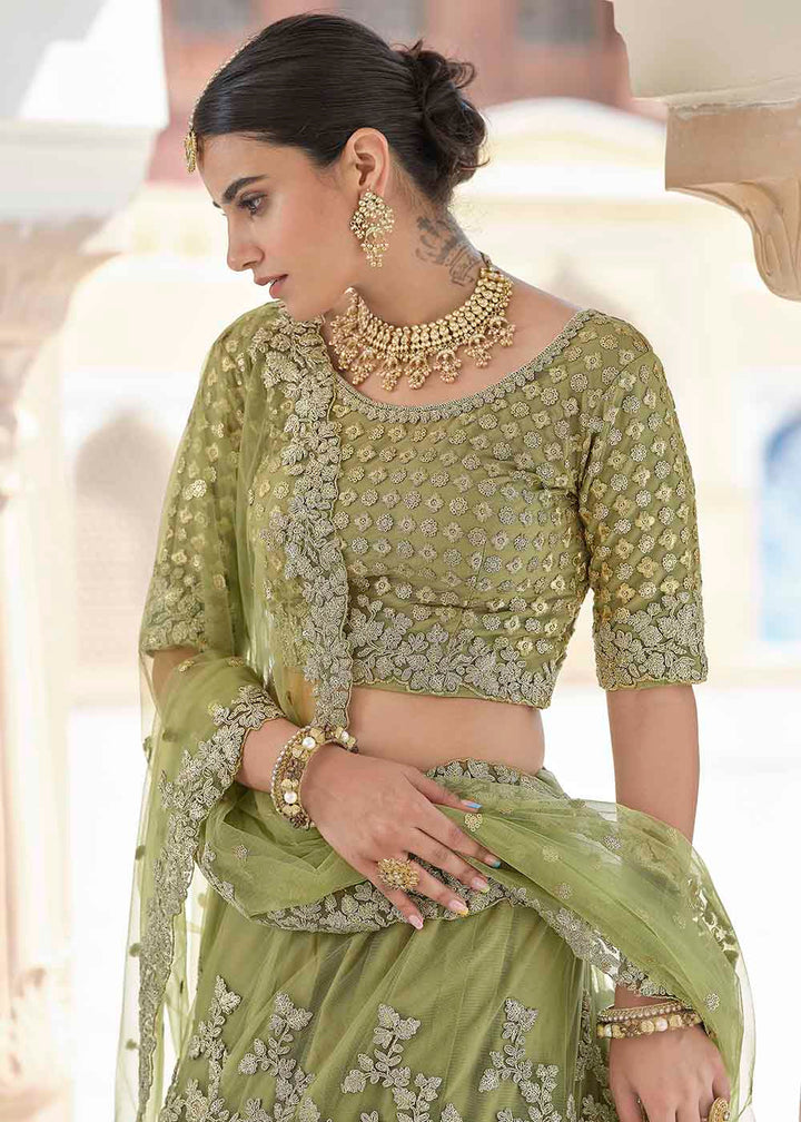 Olive Green Soft Net Lehenga Choli with Dori & Sequins work