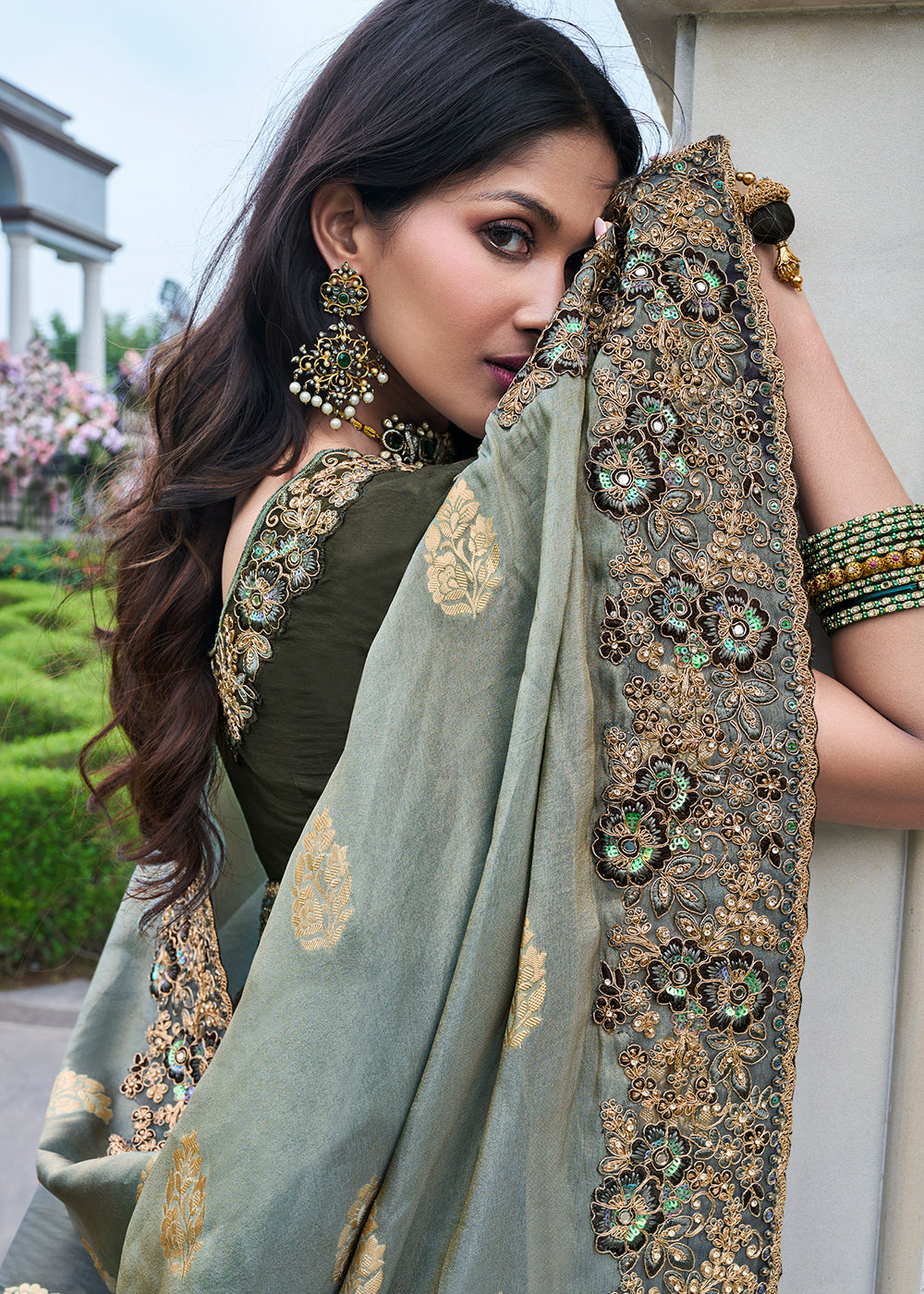 Two Tone Grey Zari Woven Tissue Silk Saree