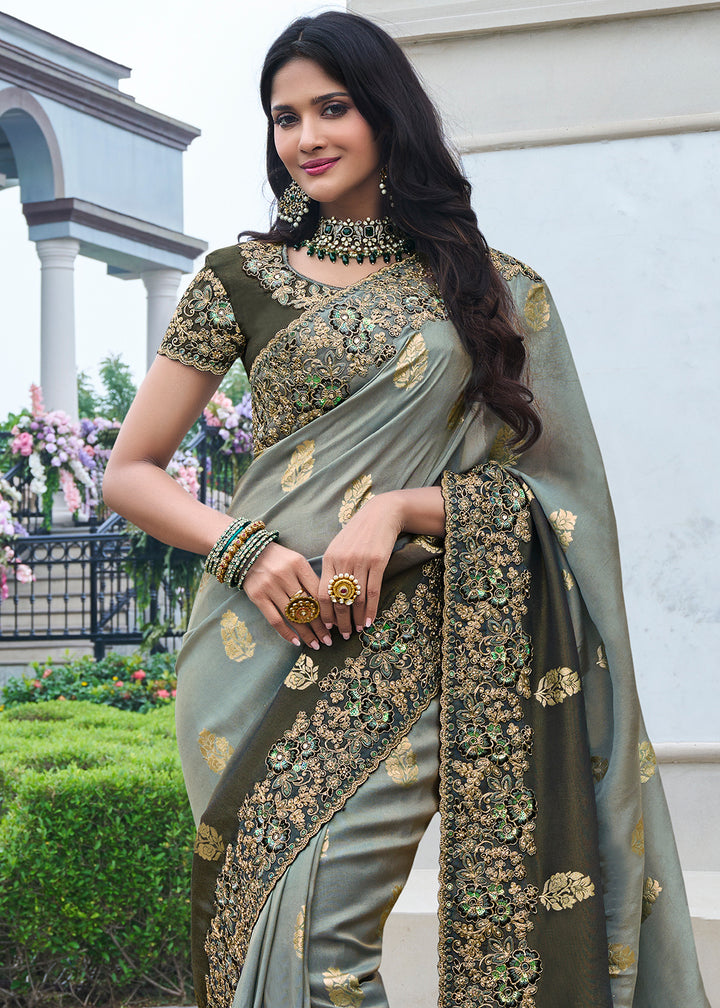 Two Tone Grey Zari Woven Tissue Silk Saree