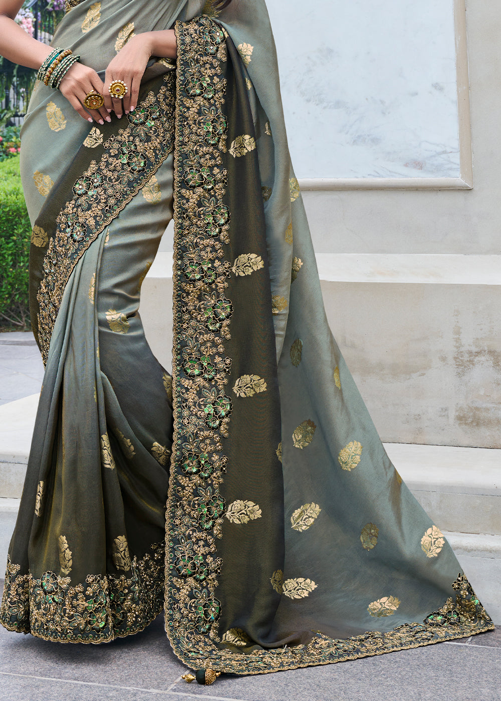 Two Tone Grey Zari Woven Tissue Silk Saree