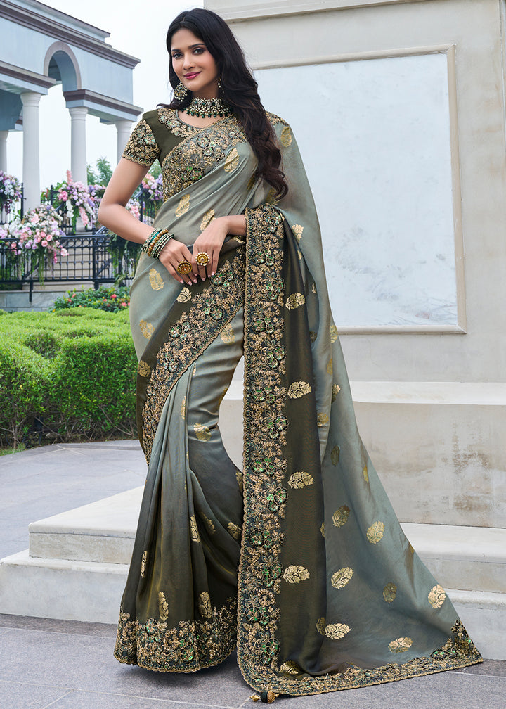 Two Tone Grey Zari Woven Tissue Silk Saree