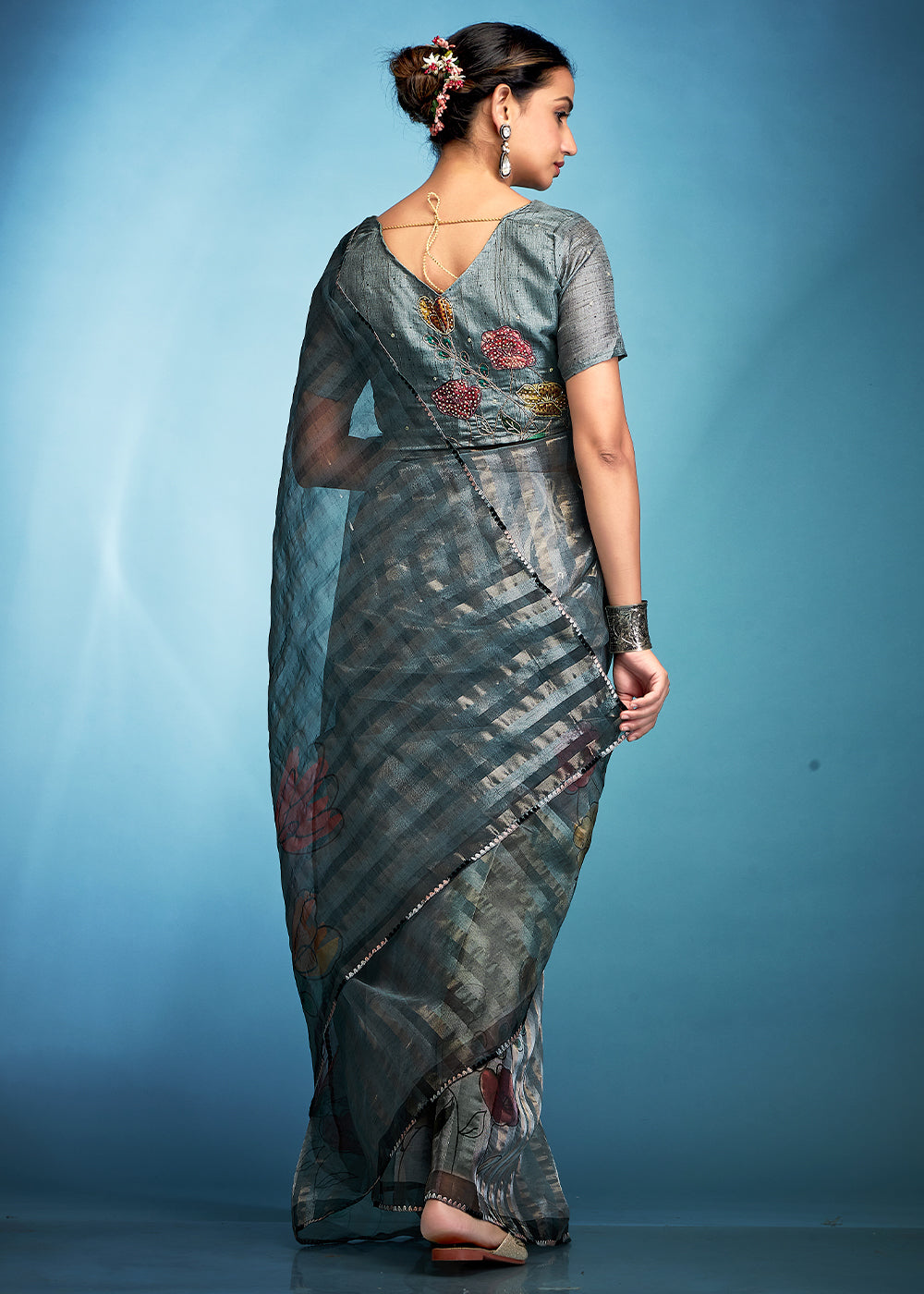 Steel Grey Floral Printed Tissue Silk Saree