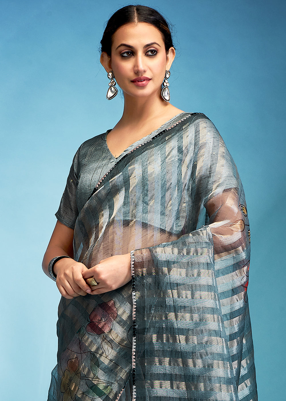 Steel Grey Floral Printed Tissue Silk Saree