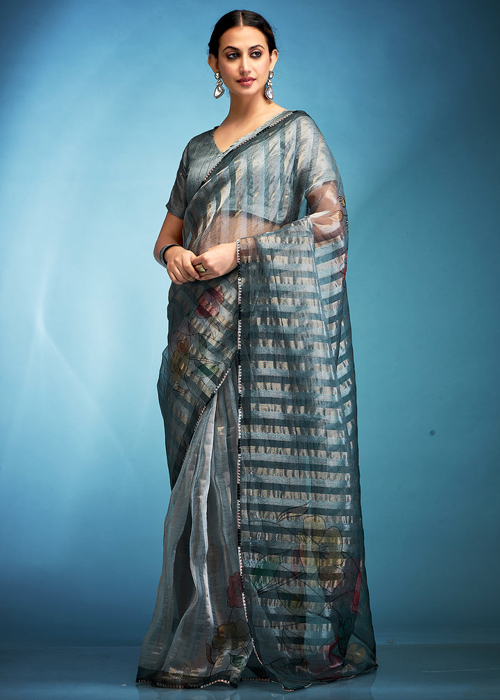 Steel Grey Floral Printed Tissue Silk Saree