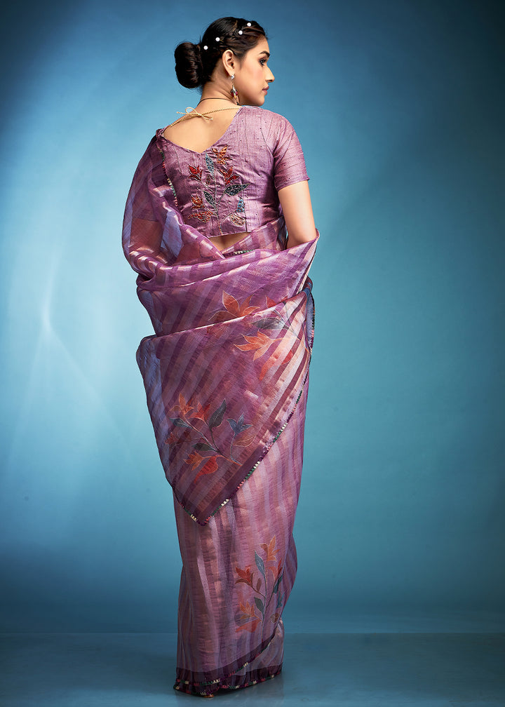 Royal Purple Floral Printed Tissue Silk Saree