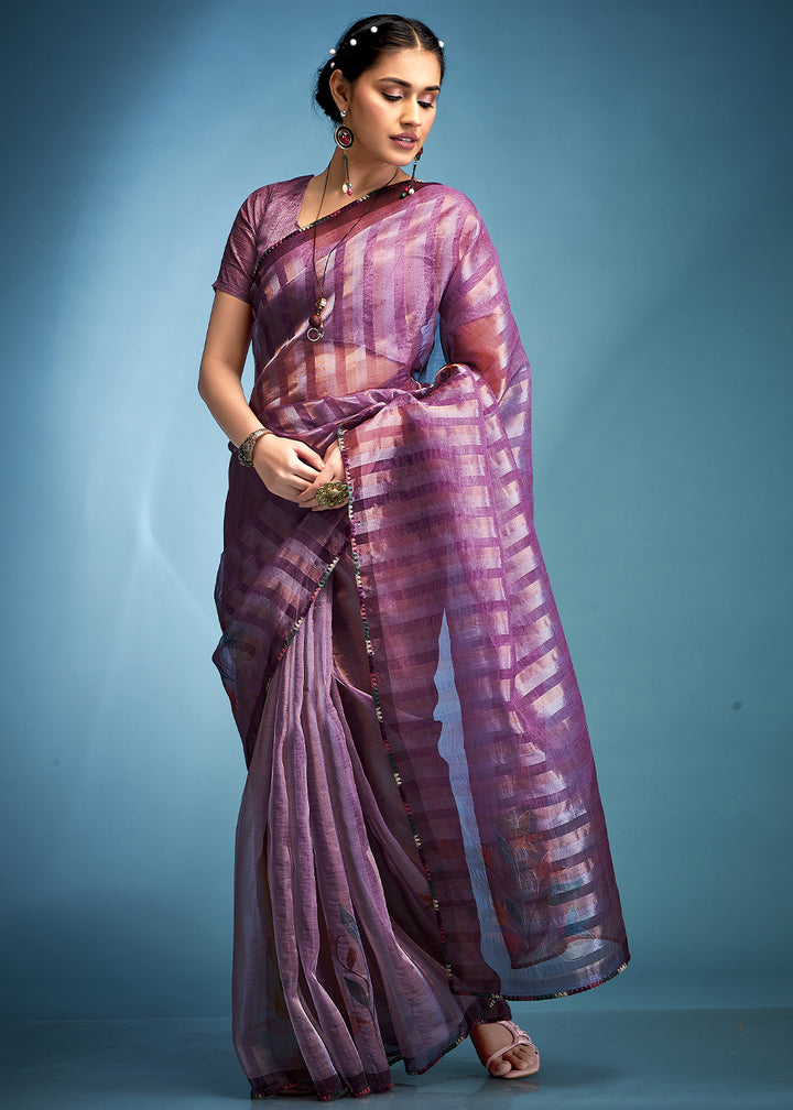 Royal Purple Floral Printed Tissue Silk Saree