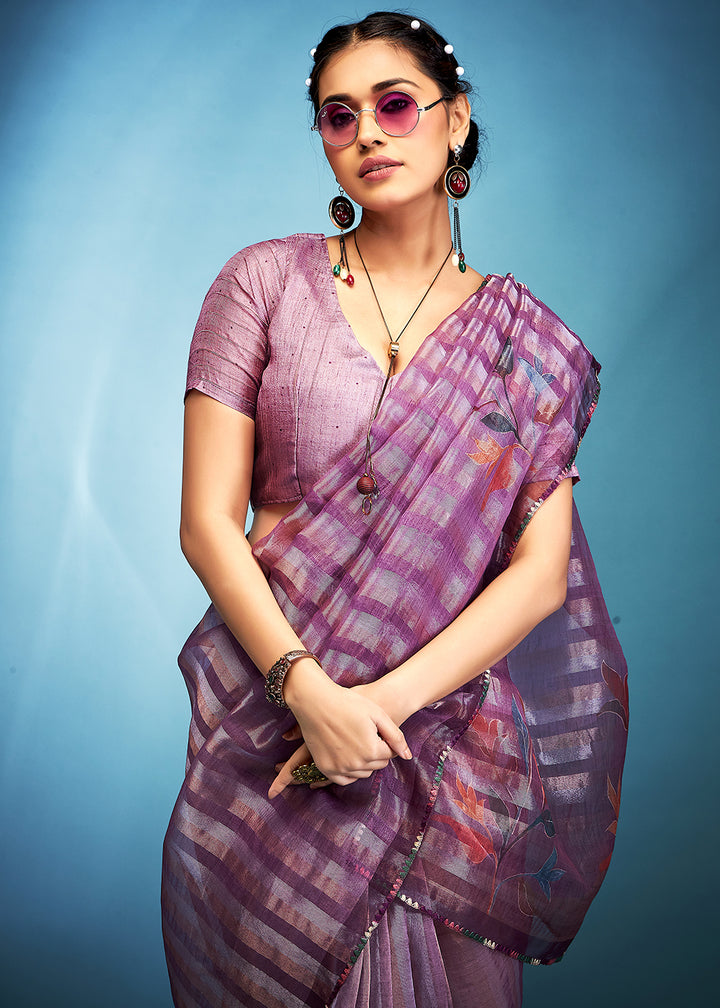 Royal Purple Floral Printed Tissue Silk Saree