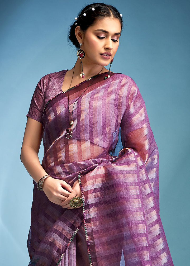 Royal Purple Floral Printed Tissue Silk Saree