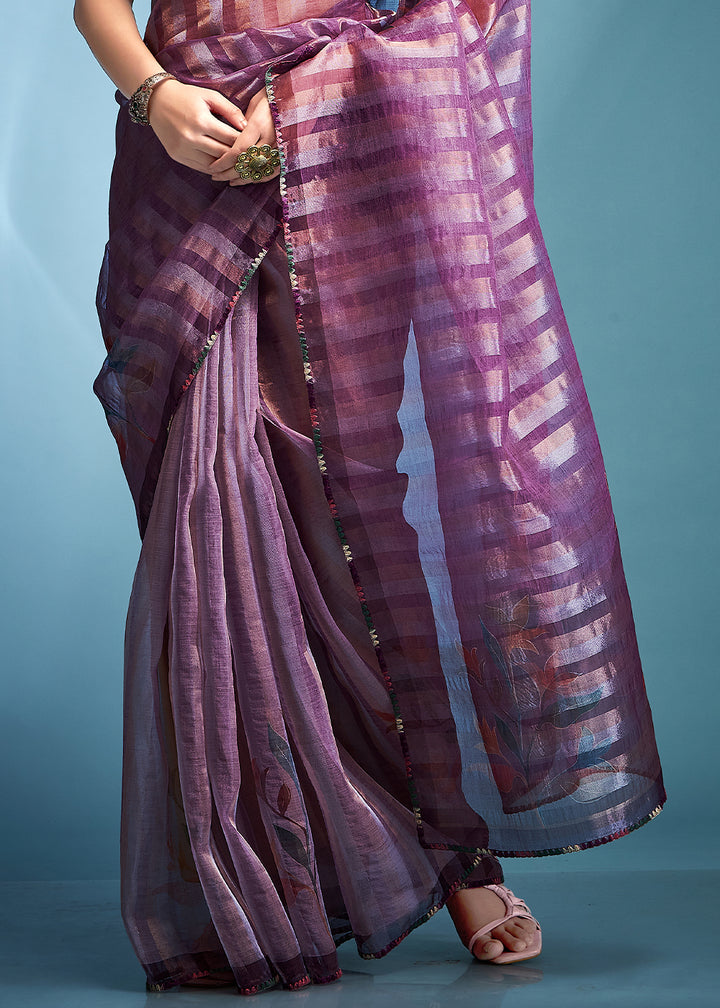 Royal Purple Floral Printed Tissue Silk Saree