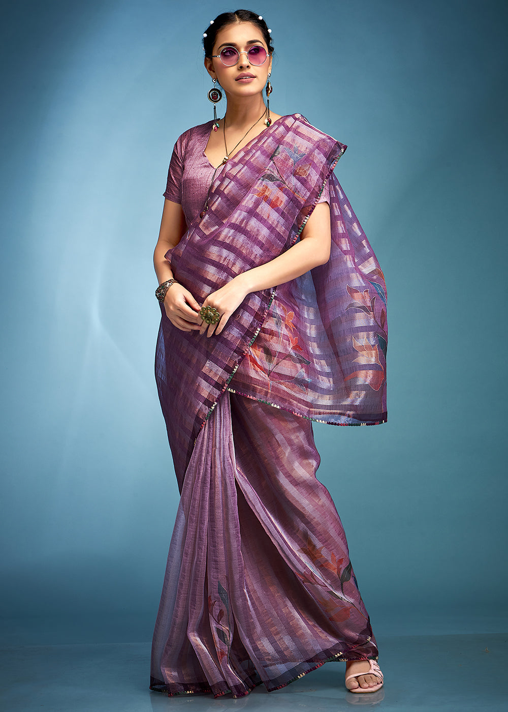 Royal Purple Floral Printed Tissue Silk Saree