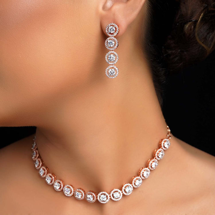 Jasmin Diamond Neck Line Rose Plated Necklace Set