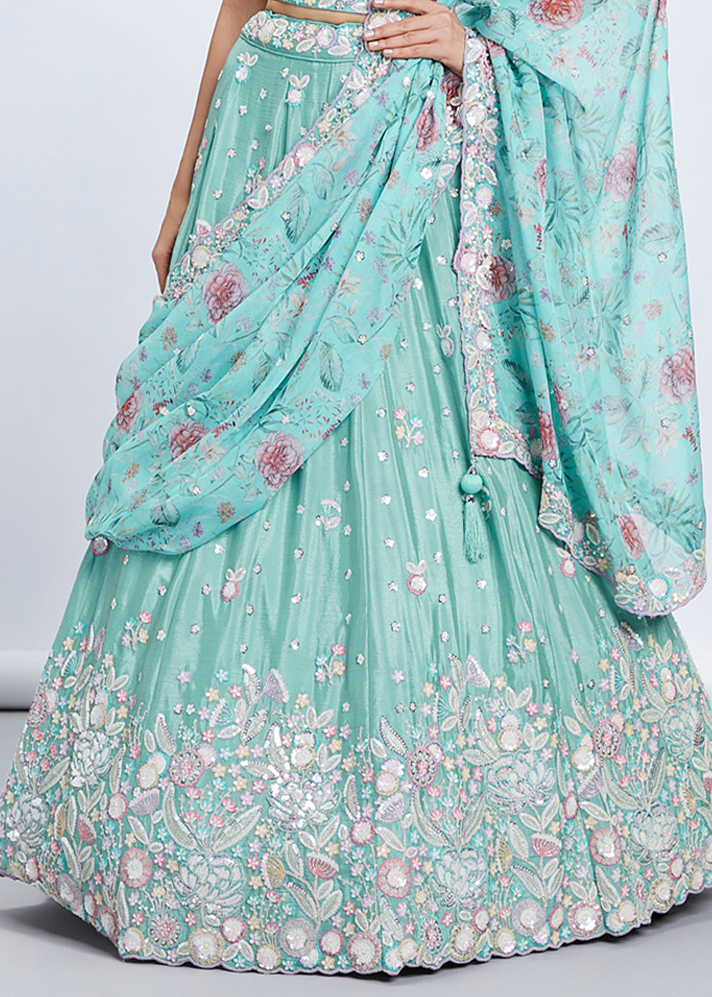 Light Sea Green Silk Chiffon Lehenga Choli Adorned with Sequins & Thread Embroidery