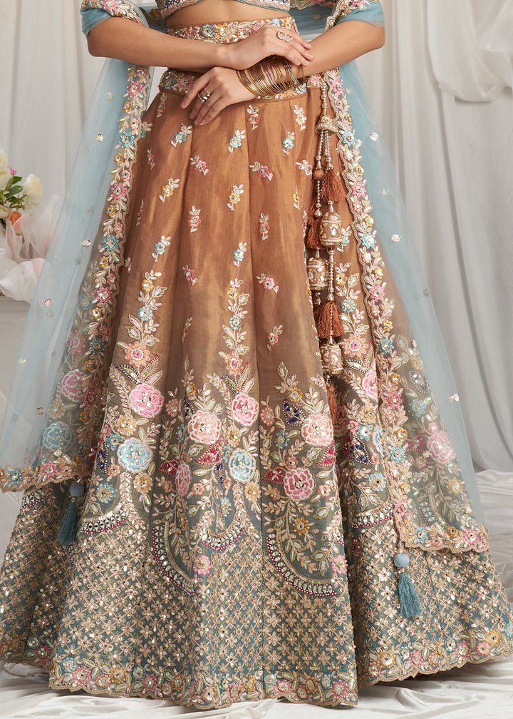 Mustard Yellow & Blue Net Lehenga Choli Adnored with Pearl & Gotapatti Embroidery work: The Bride's Edit