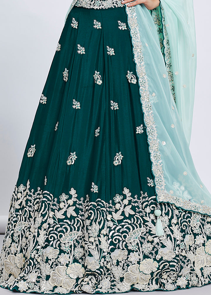 Peacock Blue Green Georgette Lehenga Choli Adorned with Sequins & Thread Embroidery