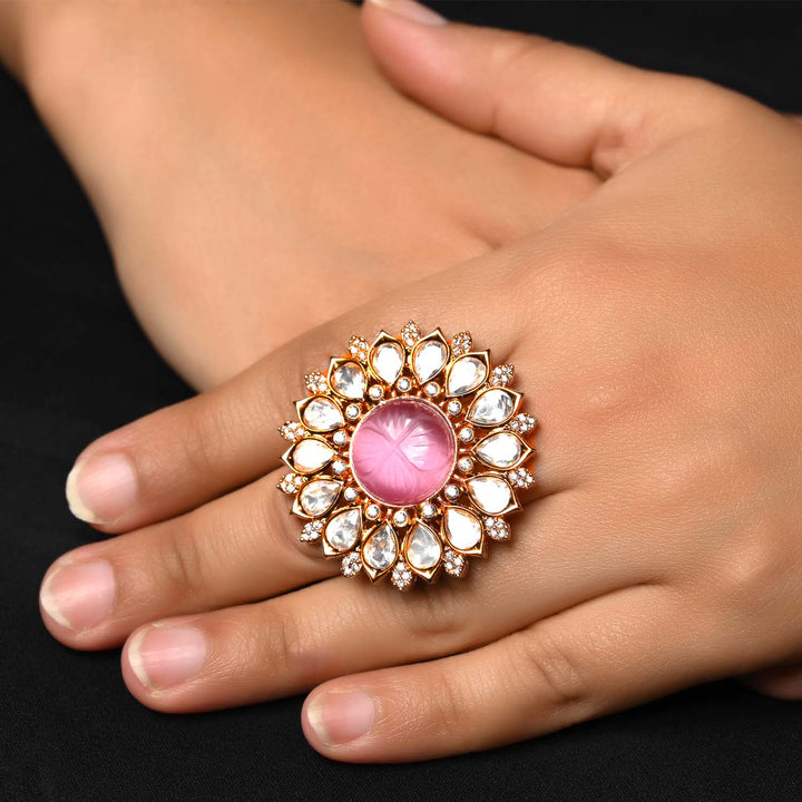 Binita Pink Stone Gold Plated Kundan Ring