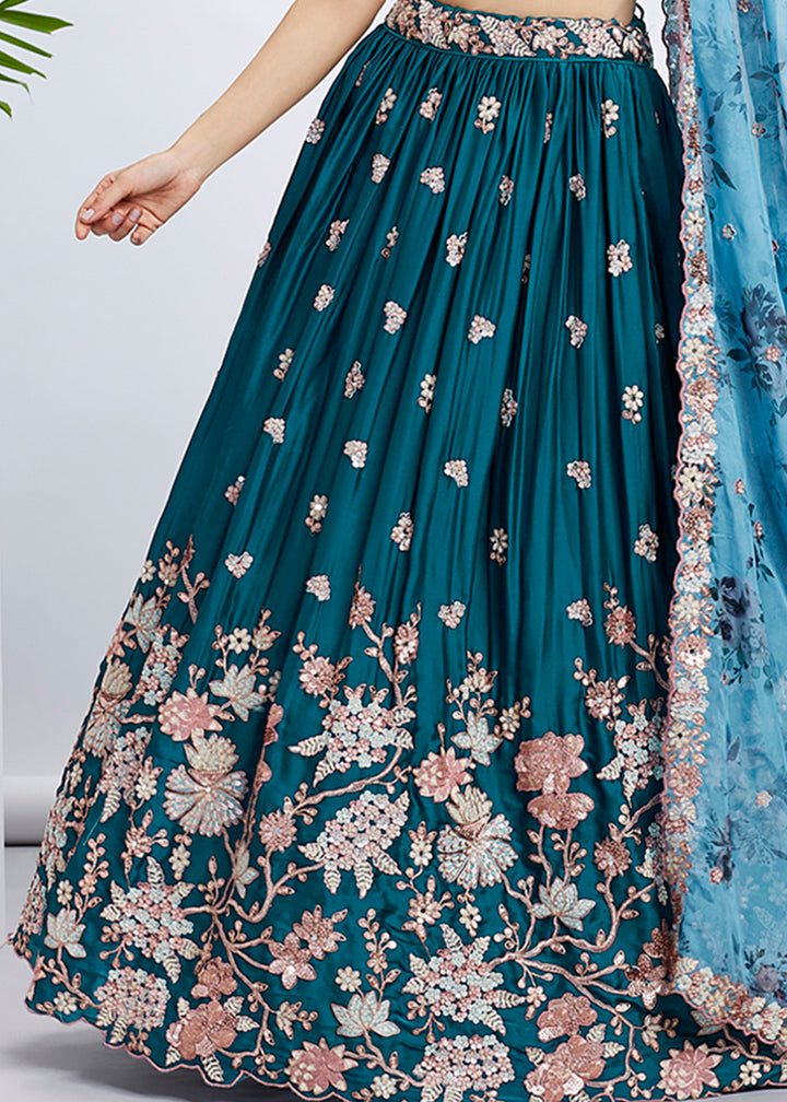 Dark Teal Blue Georgette Lehenga Choli Highlighted with Sequins & Thread Embroidery