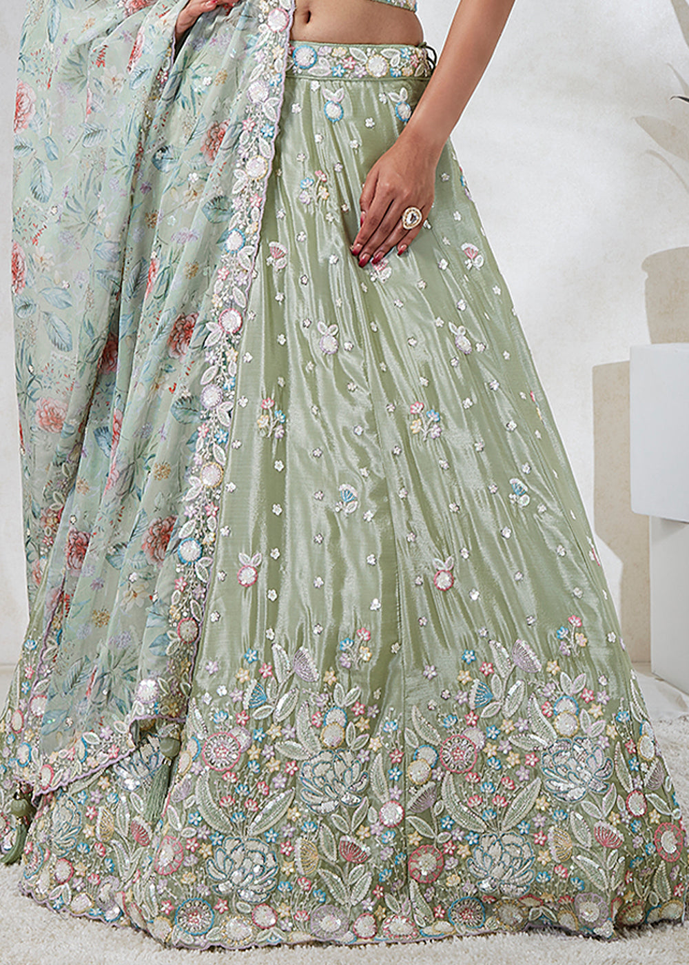 Sage Green Silk Chiffon Lehenga Choli Adorned with Sequins & Thread Embroidery