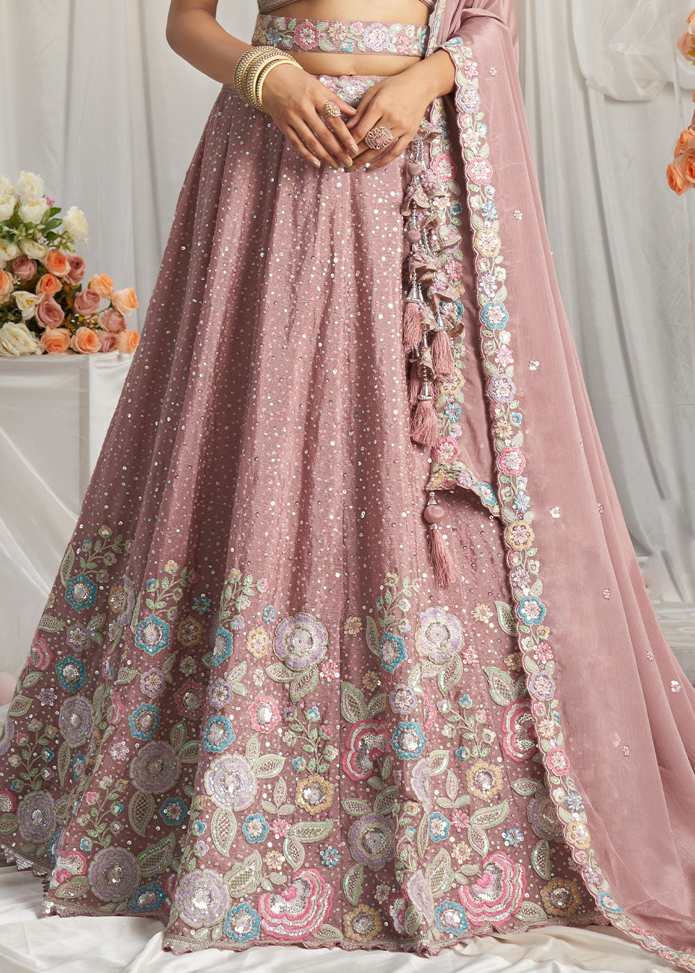 Rose Gold Pink Chiffon Lehenga Choli Adorned with Sequins & Thread Embroidery