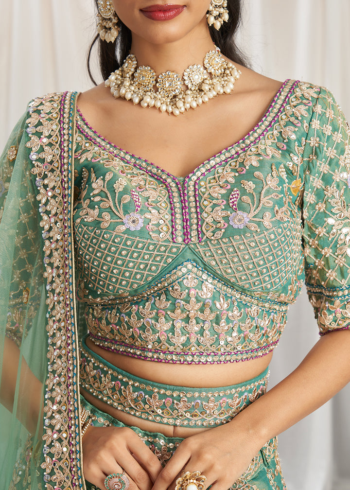 Sea Green Tissue Lehenga Choli  Adorned with Pearl and Gotapatti Embroidery: The Bride's Edit