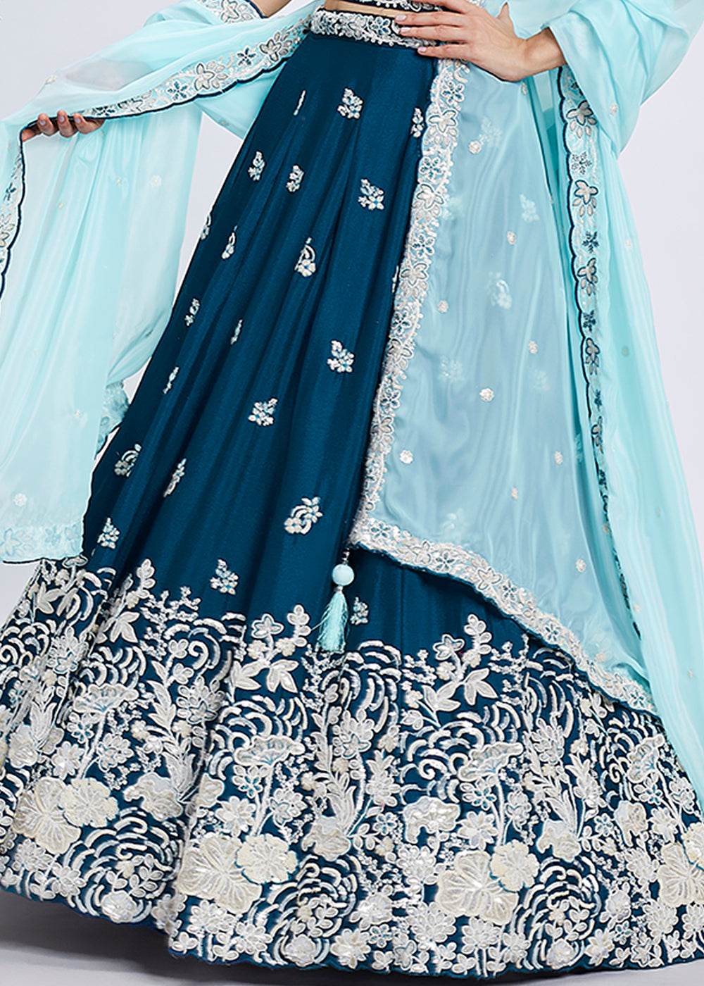 Teal Blue Georgette Lehenga Choli Adorned with Sequins & Thread Embroidery