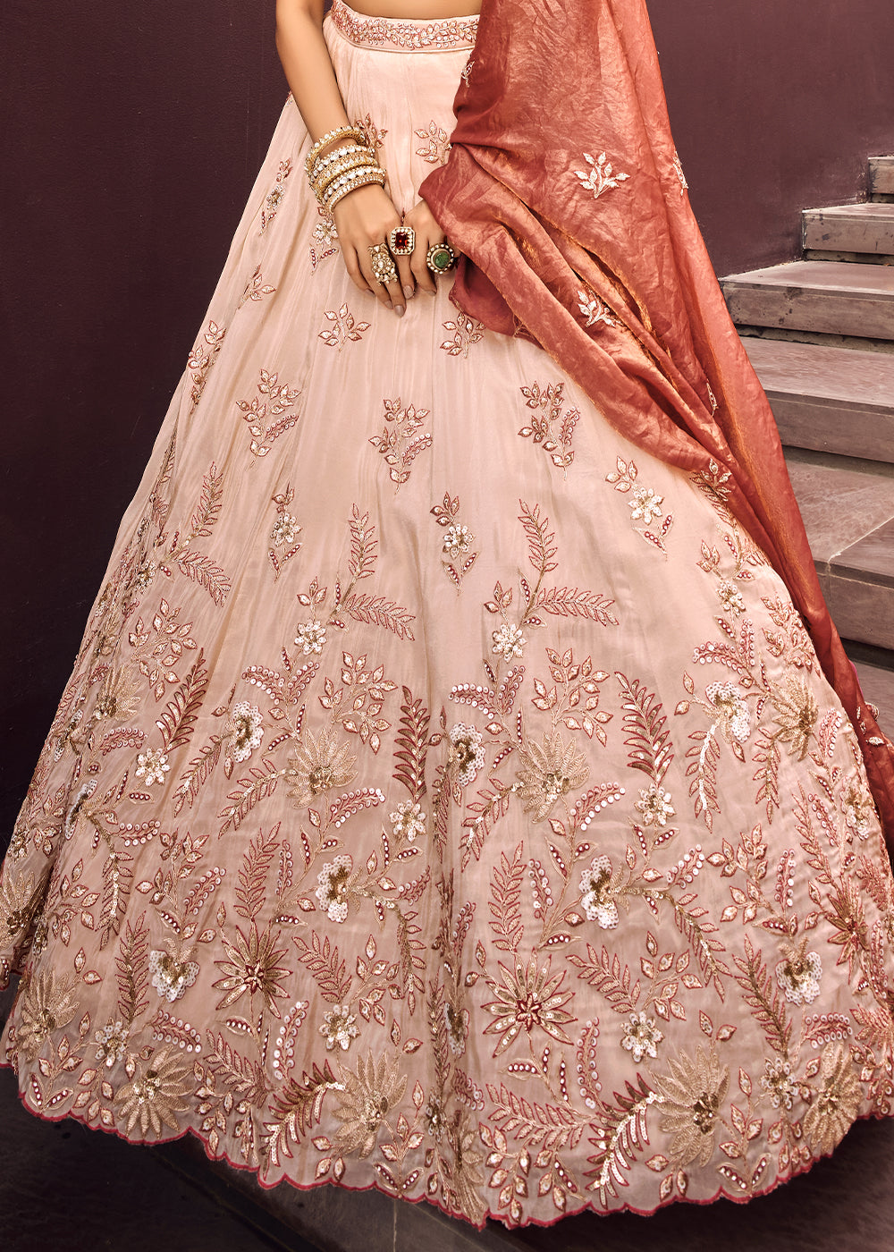 Rose Gold Pink Viscose Rayon Lehenga Choli Adorned with Sequins Embroidery Work