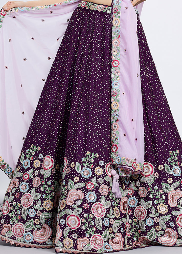 Byzantine Purple Chiffon Lehenga Choli Adorned with Sequins & Thread Embroidery