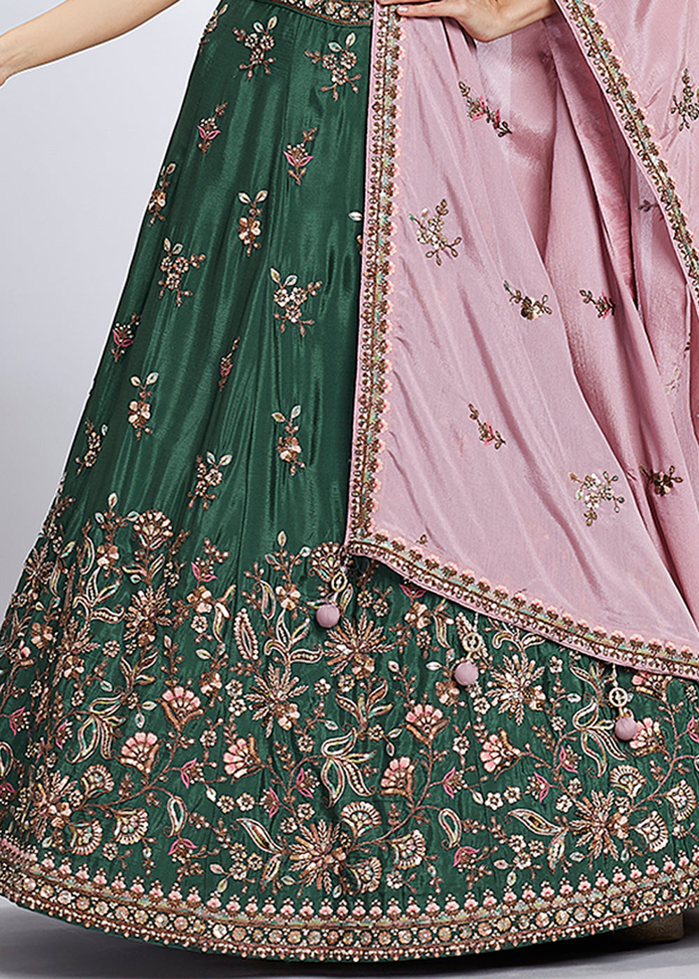 Dark Green Chiffon Lehenga Choli Adorned with Sequins & Thread Embroidery