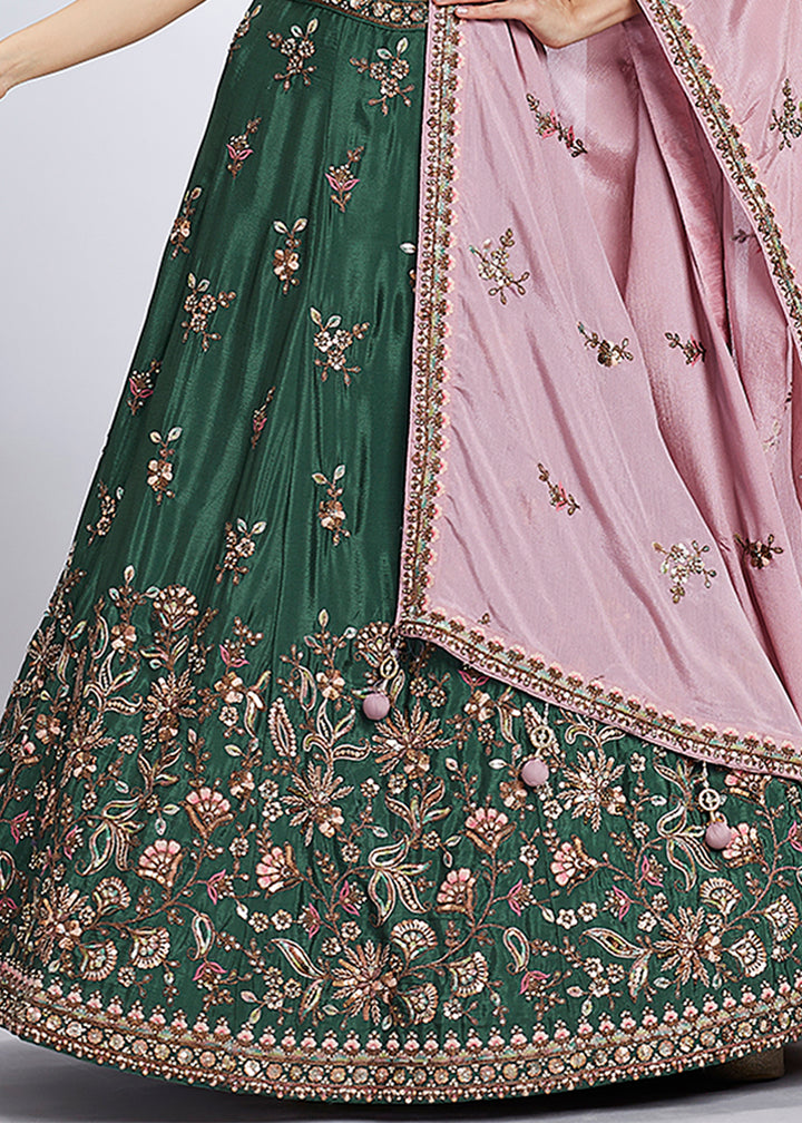 Dark Green Chiffon Lehenga Choli Adorned with Sequins & Thread Embroidery