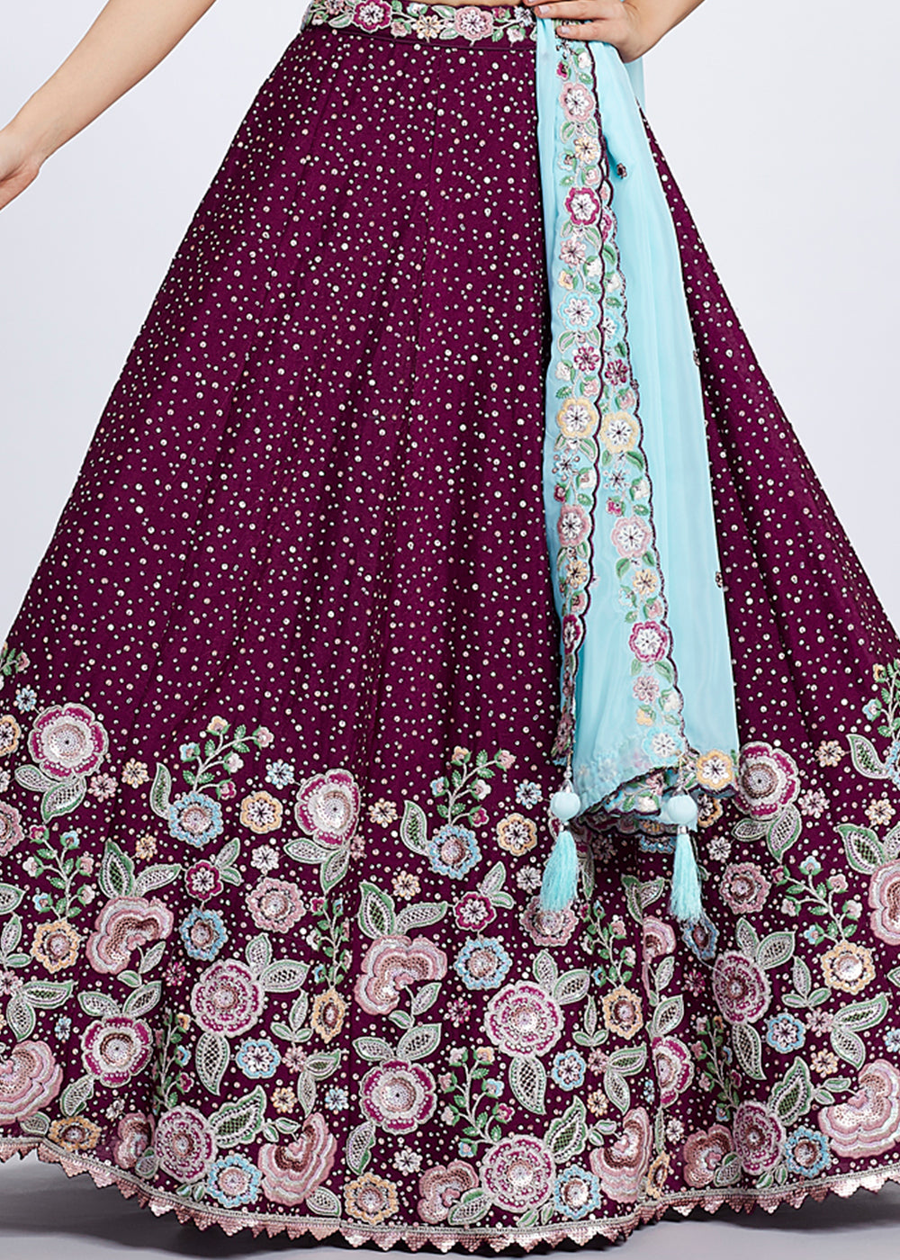 Jam Purple Chiffon Lehenga Choli Adorned with Sequins & Thread Embroidery