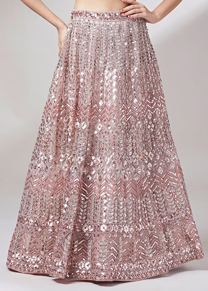 Rose Gold Pink Net Lehenga Choli Highlighted with Sequins Embroidery & Net Mirror work