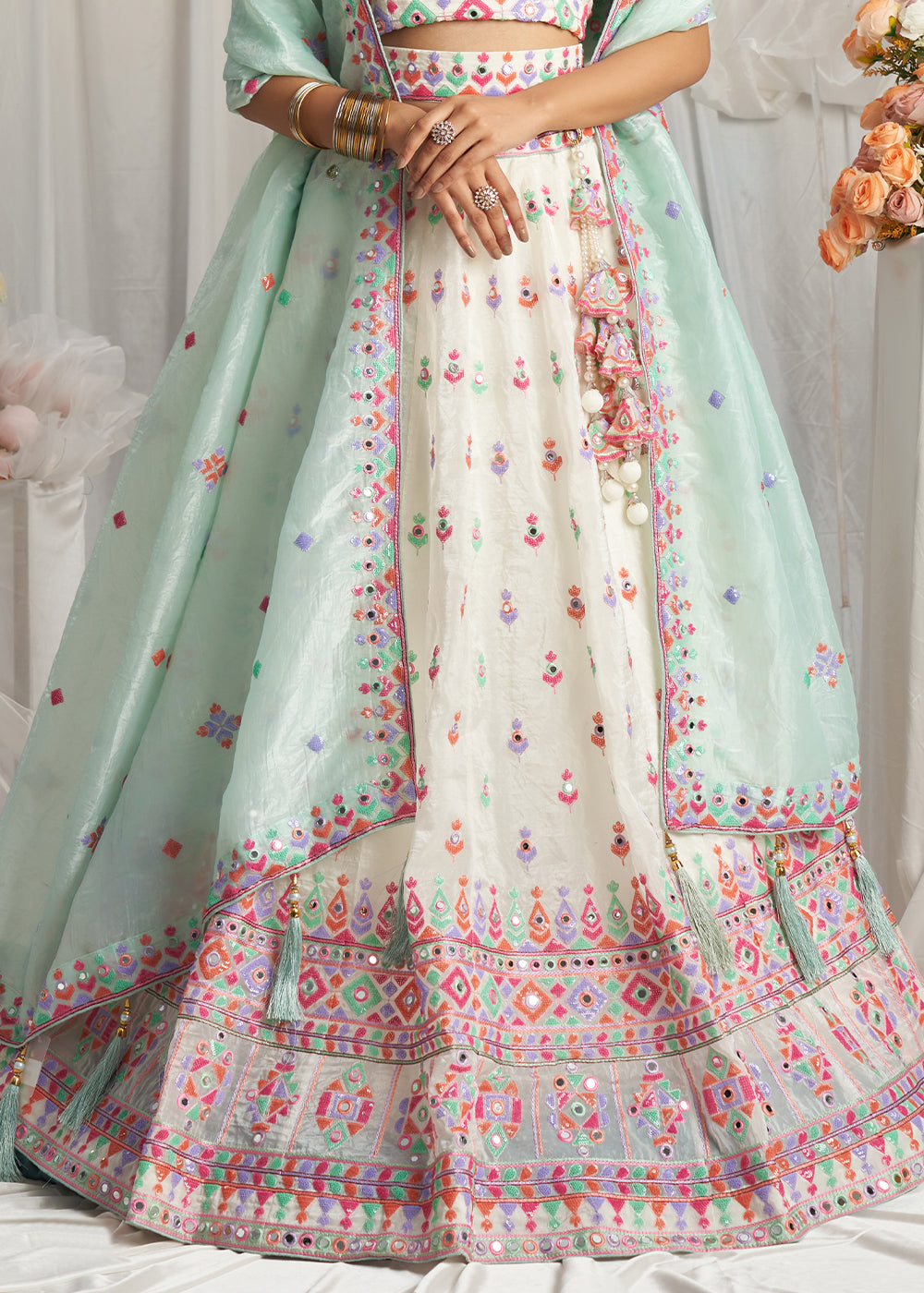 Cream White Organza Lehenga Choli Adorned with Sequins & Mirror Embroidery