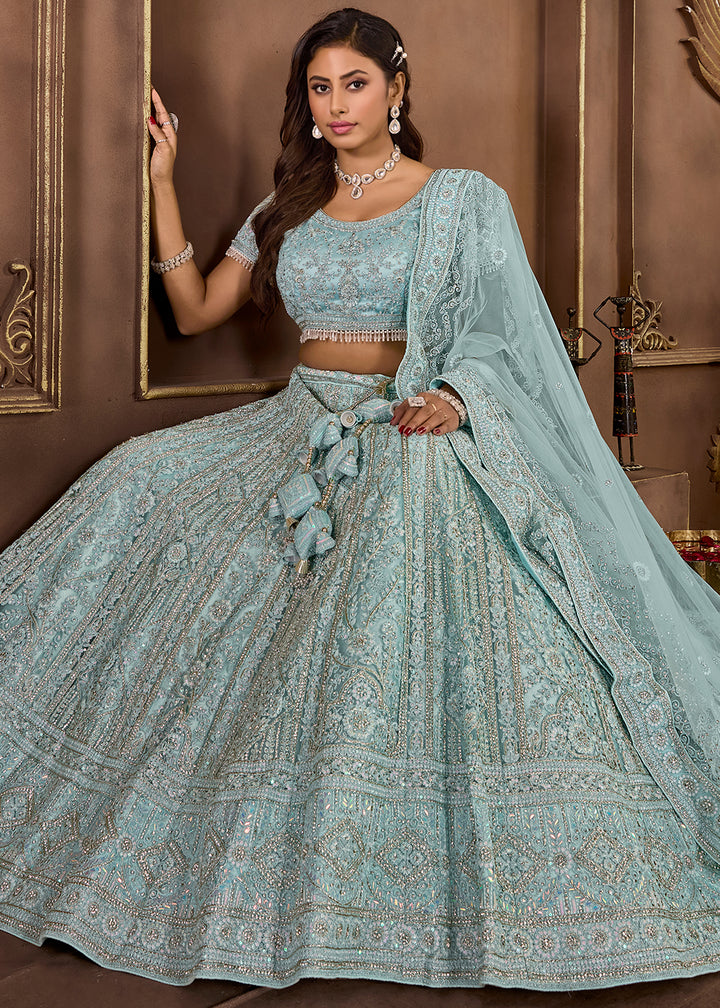 Sky Blue Luxurious Net Lehenga with Zarkan Embellishments