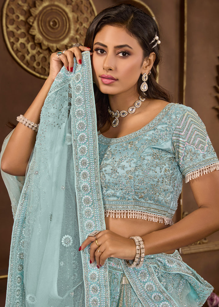 Sky Blue Luxurious Net Lehenga with Zarkan Embellishments