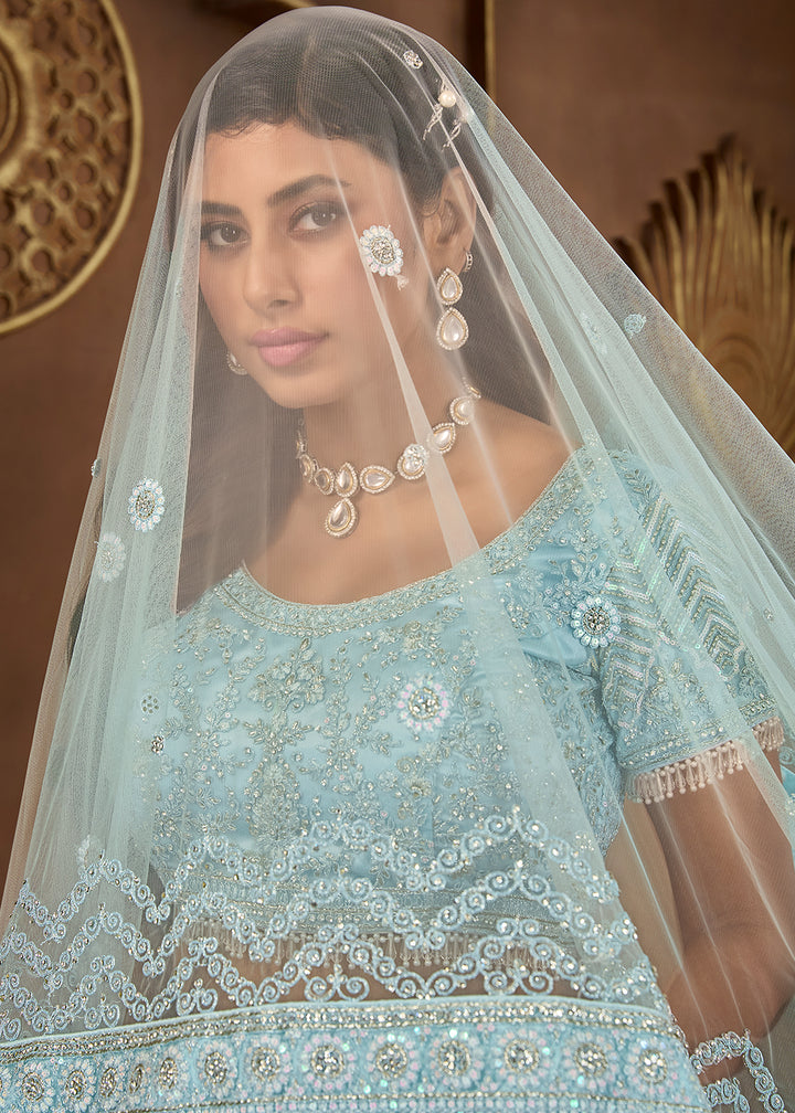 Sky Blue Luxurious Net Lehenga with Zarkan Embellishments