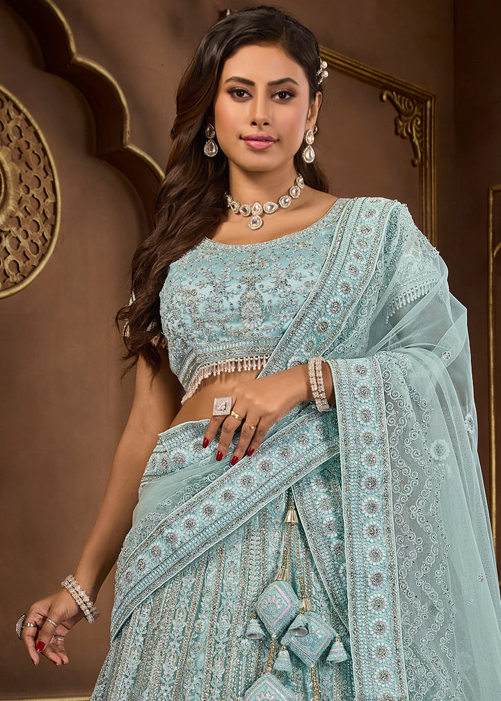 Sky Blue Luxurious Net Lehenga with Zarkan Embellishments