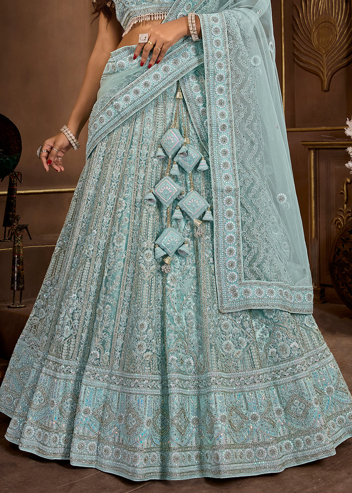 Sky Blue Luxurious Net Lehenga with Zarkan Embellishments