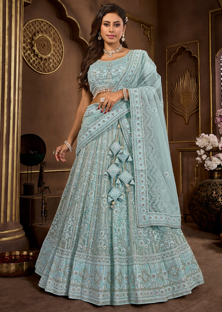 Sky Blue Luxurious Net Lehenga with Zarkan Embellishments